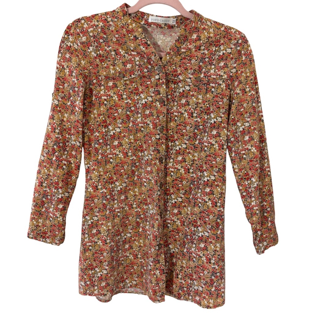 Popo Group Floral Blouse Tunic Top Button Down Red Mustard Size Medium